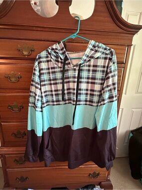 Plaid Colorblock Hooded Pullover Sweatshirt - Blue/Brown